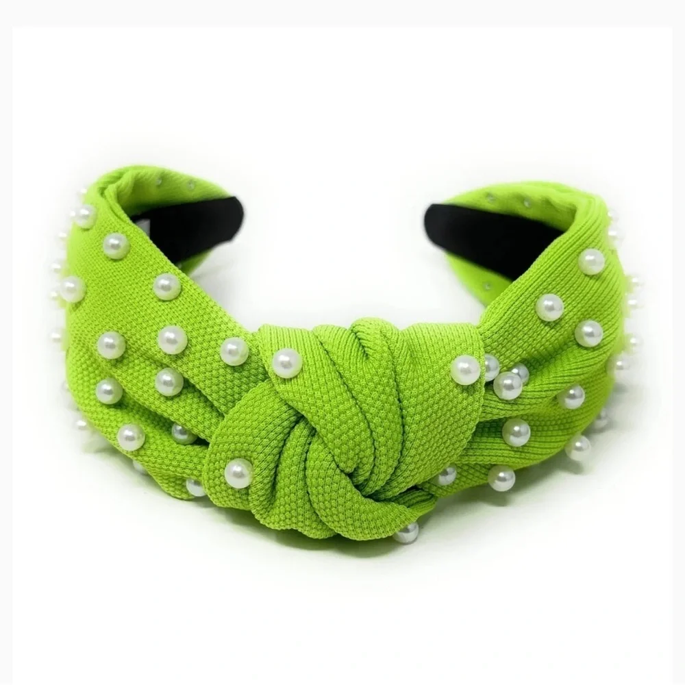 Neon Lime White Pearl Knot Headband